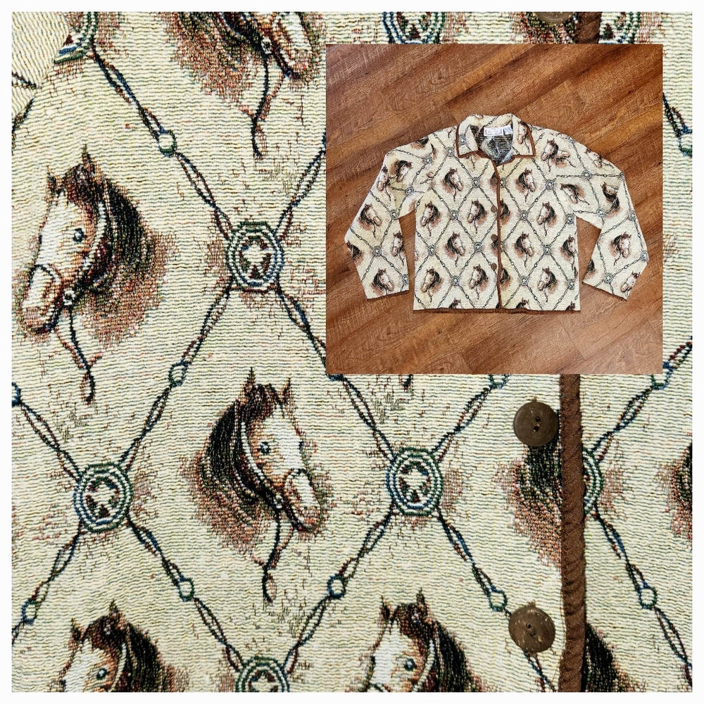 Tapestry Horse Head Portrait Cropped Jacket Womens Size XL Beige Sarah Studio